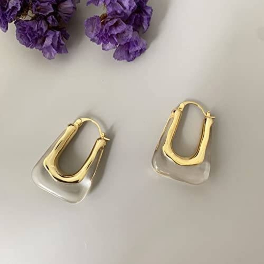Gold Tone U-Shape Hoop Earrings Clear Acrylic Resin Geometric Huggie Earrings - Picture 1 of 3
